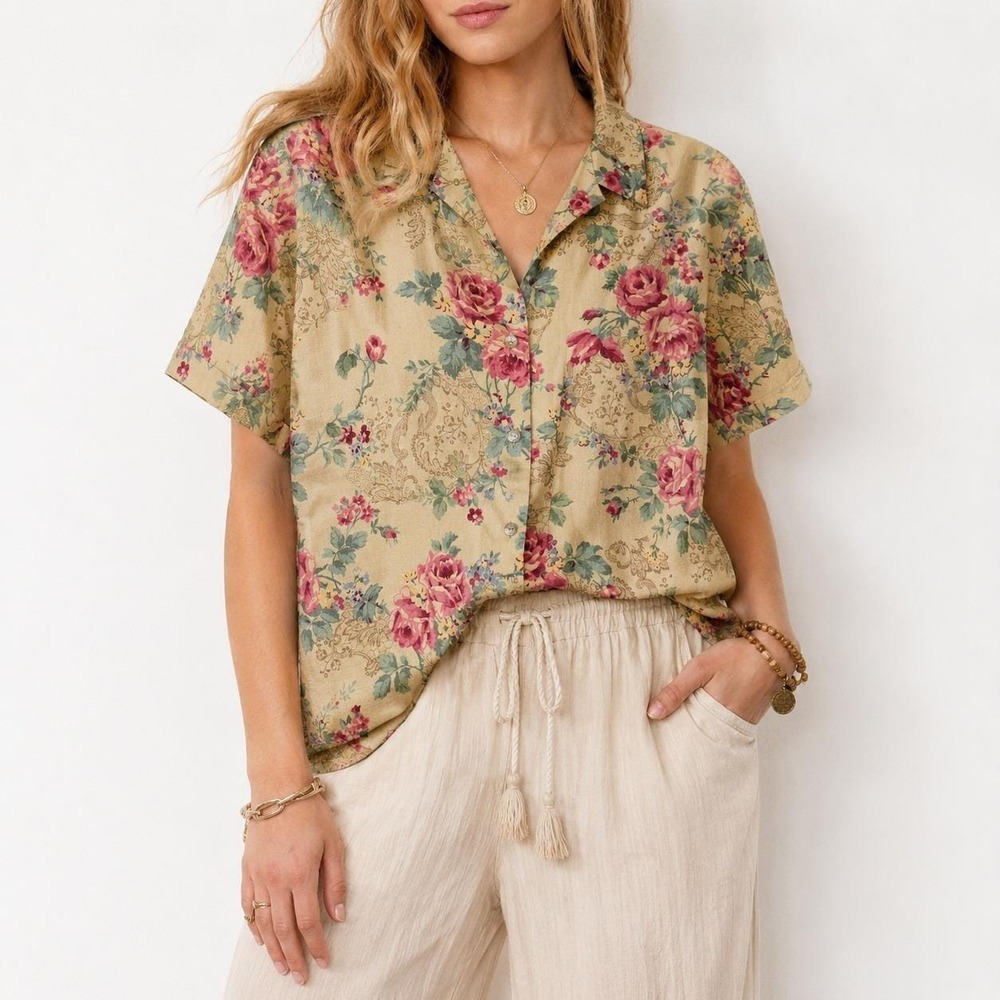 Vintage Floral Button Front Linen Blouse Womens M Tan Rose Print Short Sleeve